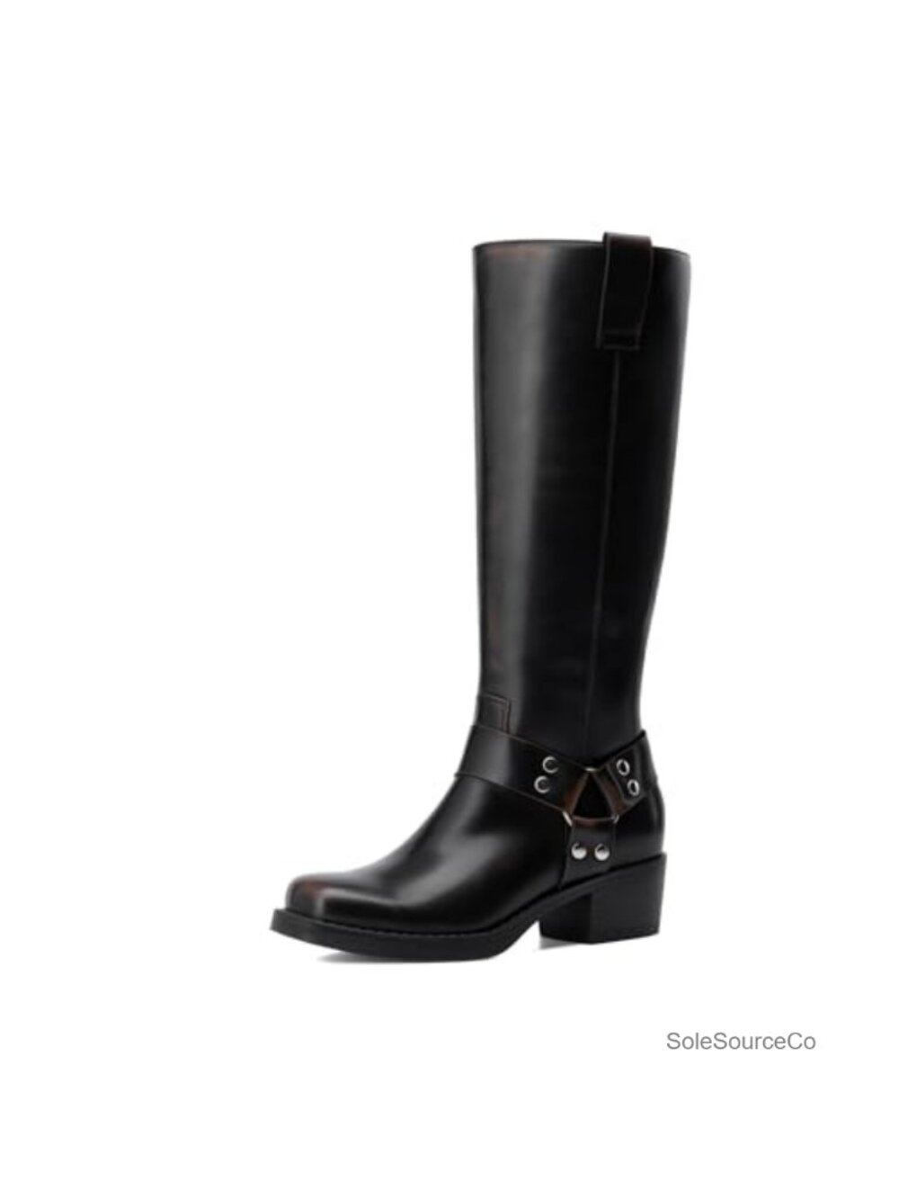 Faux Leather Knee High Motorcycle Boots Square Toe Block Heel